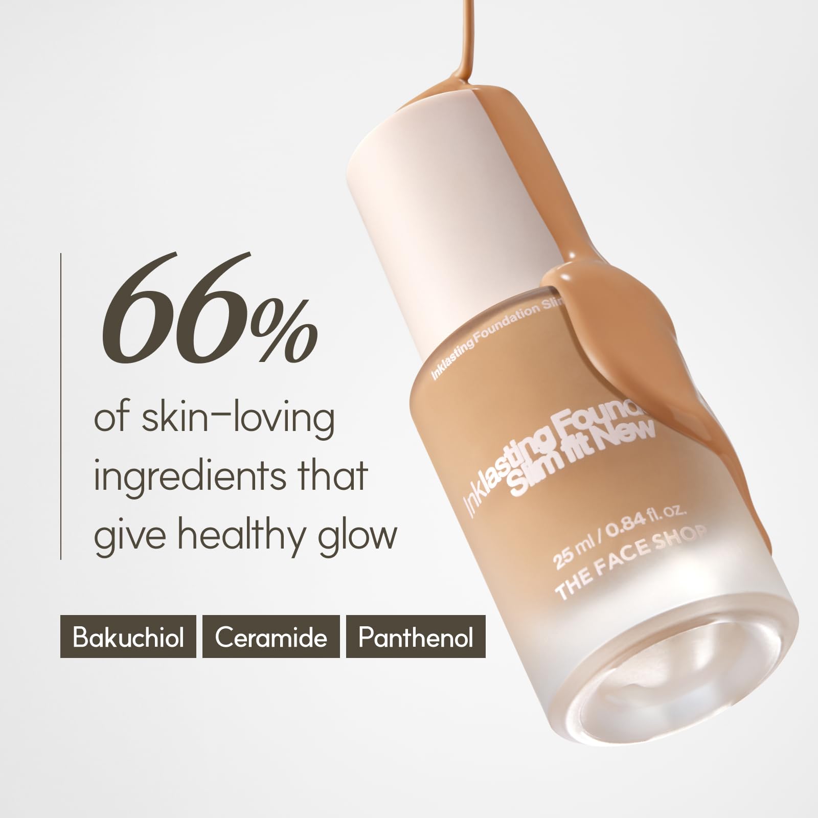 Swatches of The Face Shop Ink Lasting Foundation across skin tones for global shade range.