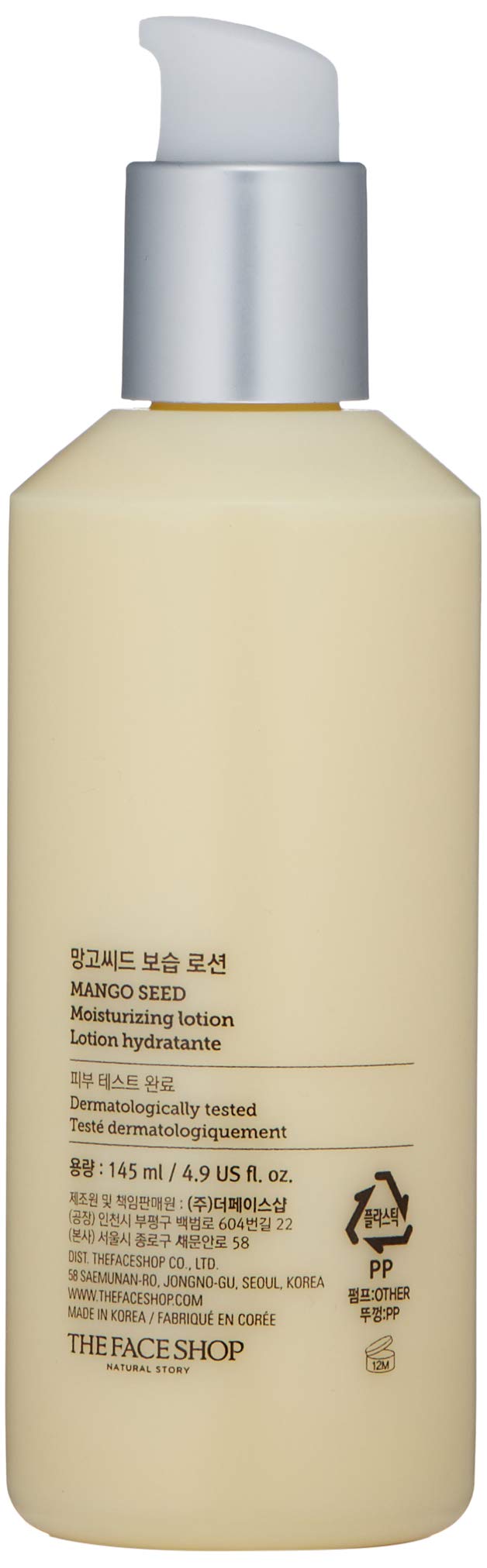 The Face Shop Mango Seed Moisturizing Lotion packaging side showing product dimensions and clean design.