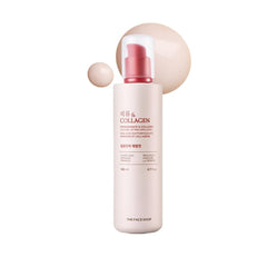 The Face Shop Pomegranate & Collagen emulsion bottle close-up shows premium firmness and hydration.