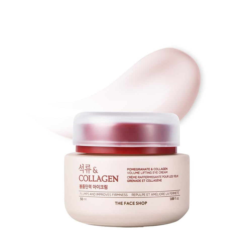 The Face Shop Pomegranate & Collagen Eye Cream bottle close-up for lifting and hydration.