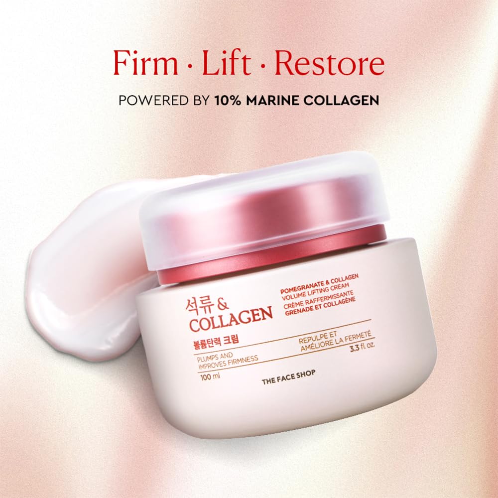 The Face Shop Pomegranate & Collagen eye cream jar close-up highlights creamy texture for easy application.
