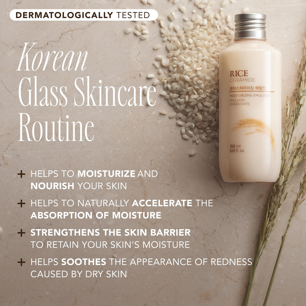 The Face Shop Rice Ceramide Emulsion tube with silky finish for smoother skin.