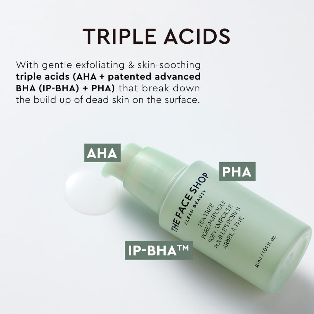 The Face Shop Tea Tree Pore Ampoule ingredient list highlights hyaluronic acid hydration.