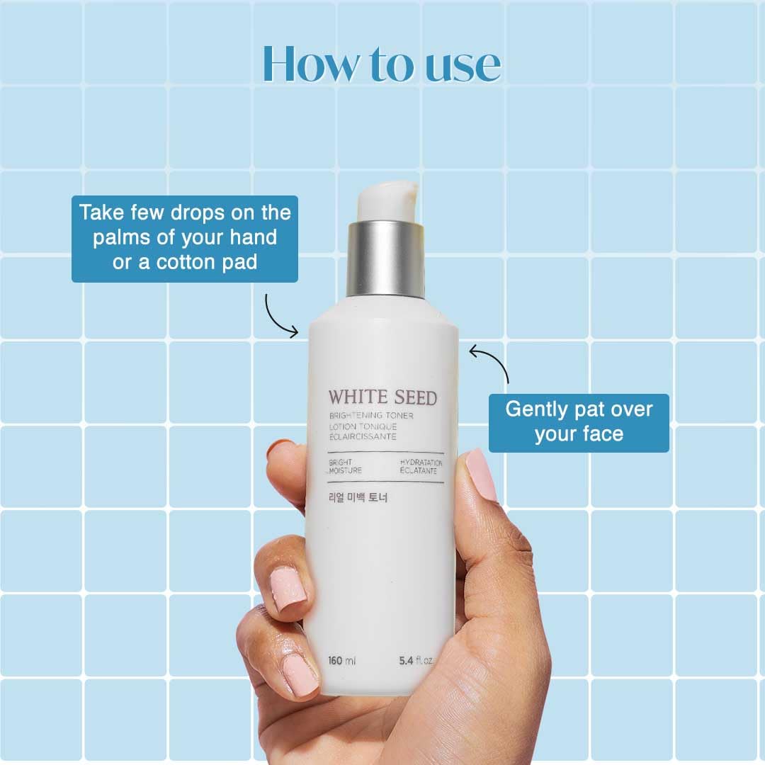 The Face Shop White Seed Brightening Toner liquid pour indicating refreshing daily use