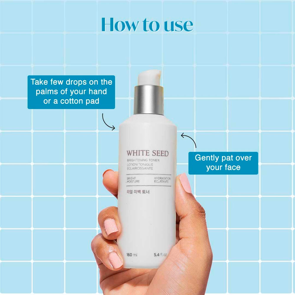 The Face Shop White Seed Brightening Toner liquid pour indicating refreshing daily use