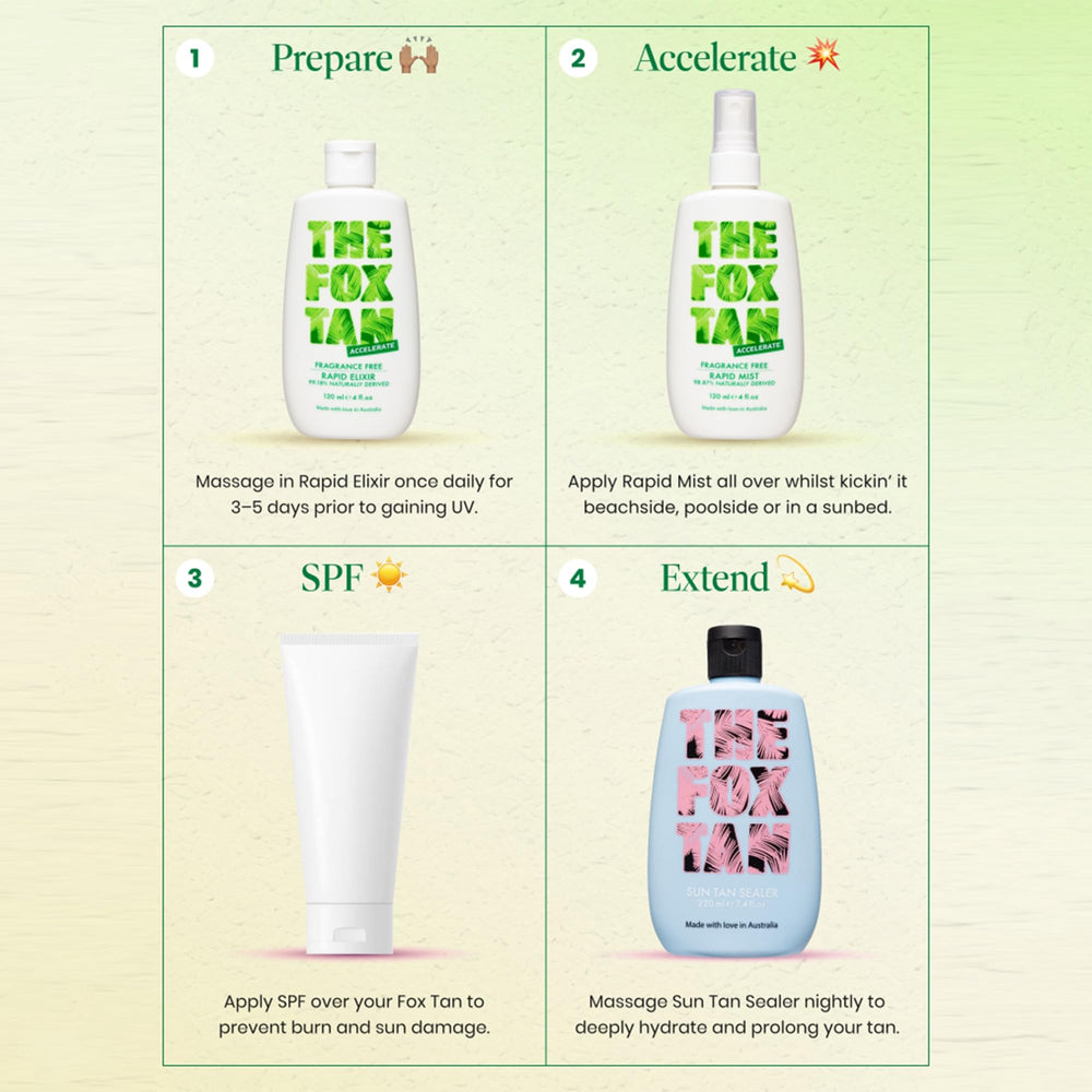 The Fox Tan Rapid Mist label emphasizes FoxComplex tanning accelerator.