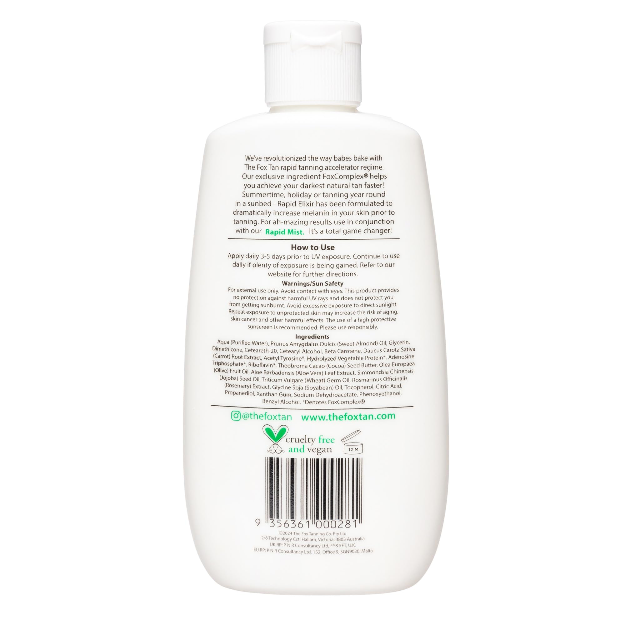 Vegan and cruelty-free seal beside The Fox Tan Rapid Mist.