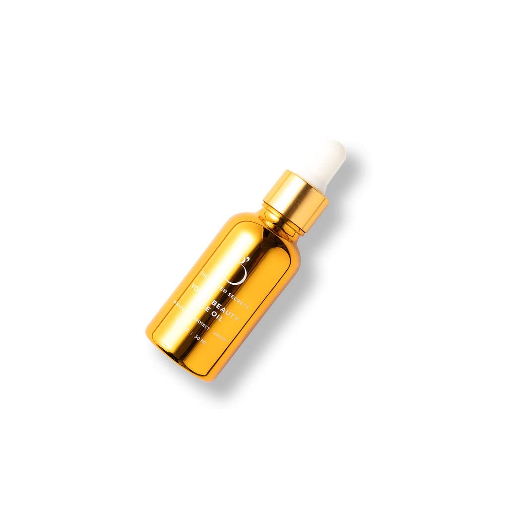 The Golden Secrets Youth Beauty Face Oil bottle close-up showing premium hydration potential