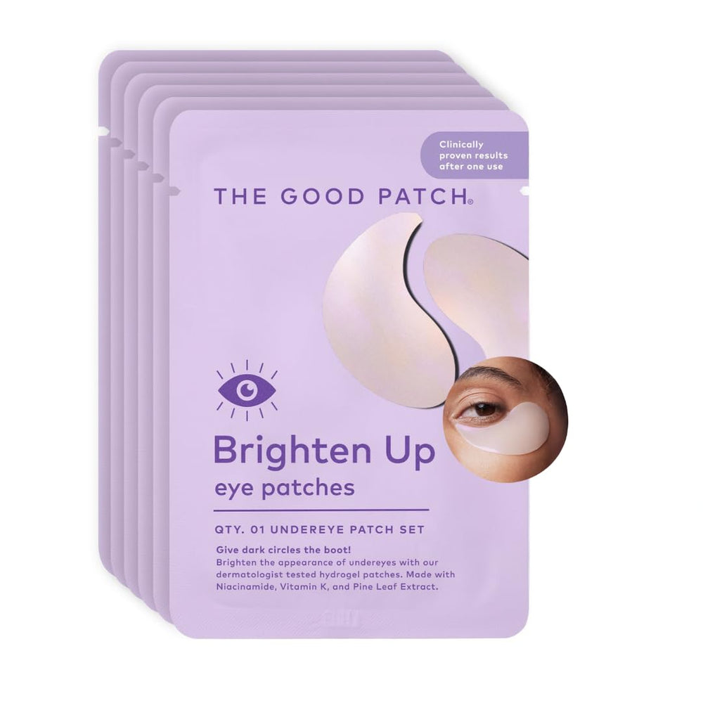 The Good Patch Brighten Up under-eye patches pack shot showing brighter under-eye area.