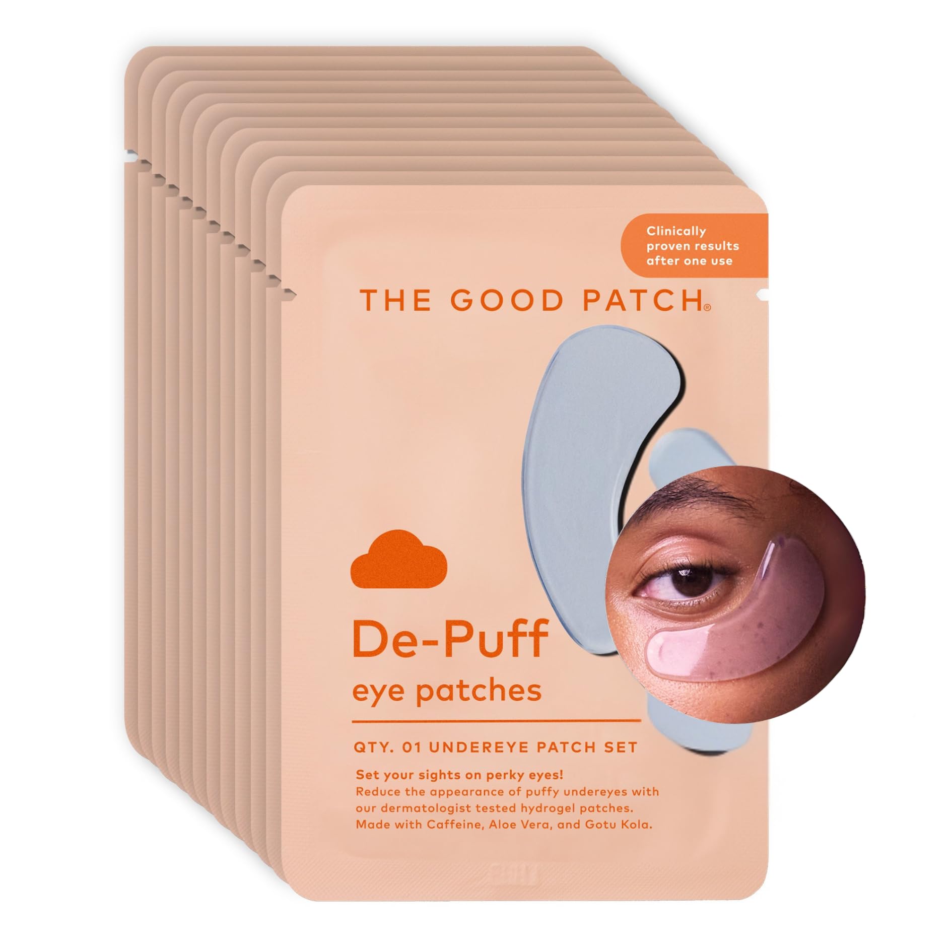 The Good Patch cooling under-eye patches ready for use, offering refreshed eyes