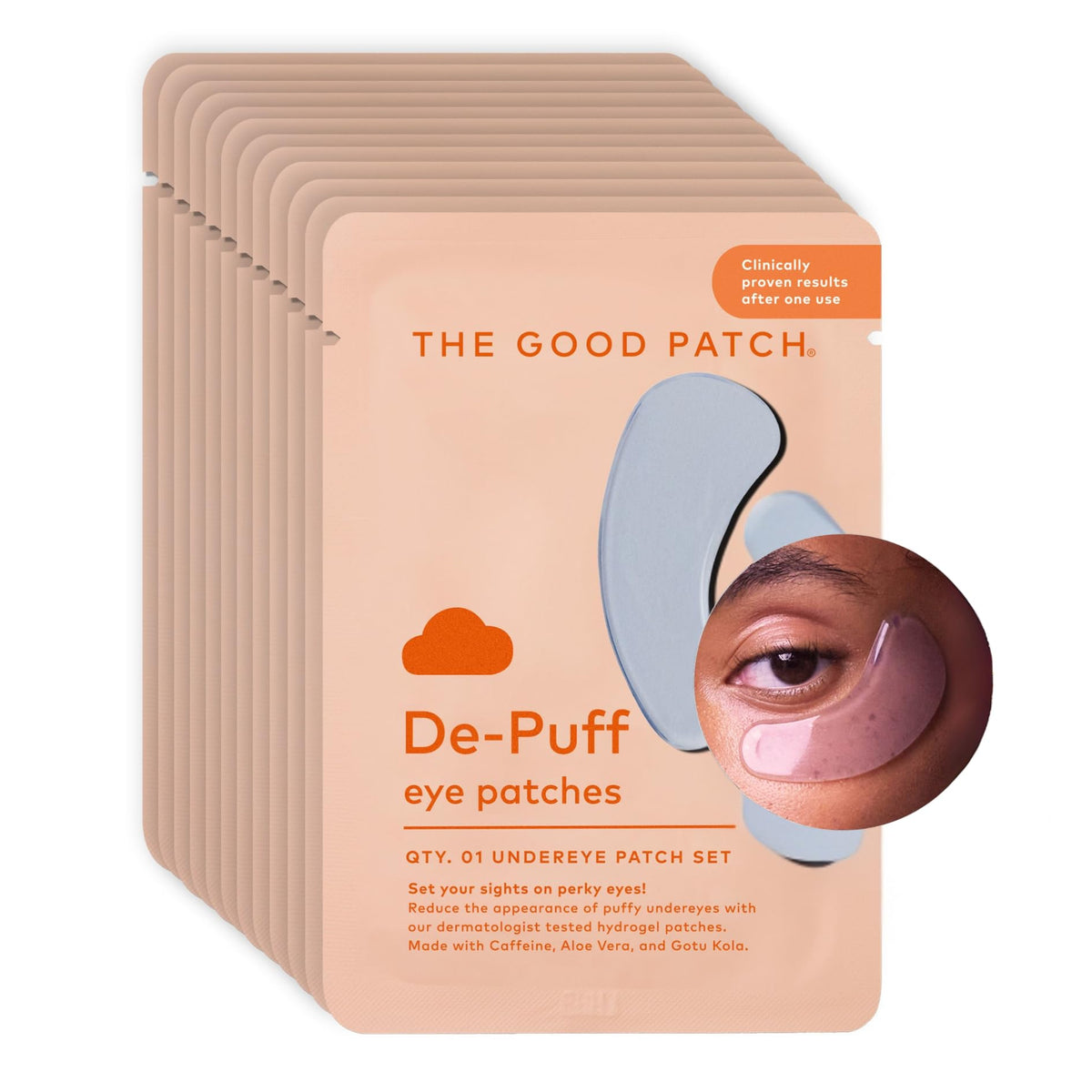 The Good Patch cooling under-eye patches ready for use, offering refreshed eyes