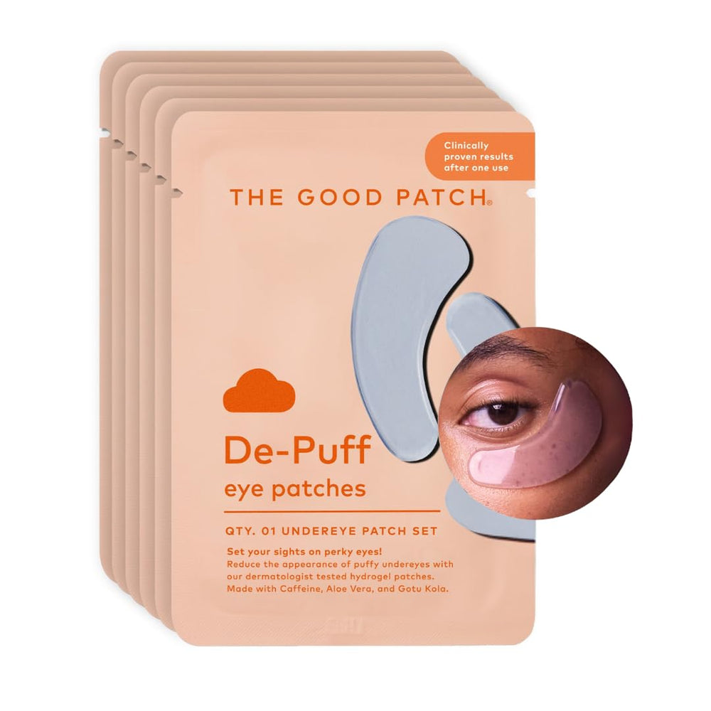 The Good Patch De-Puff patches being applied for quick under-eye refresh