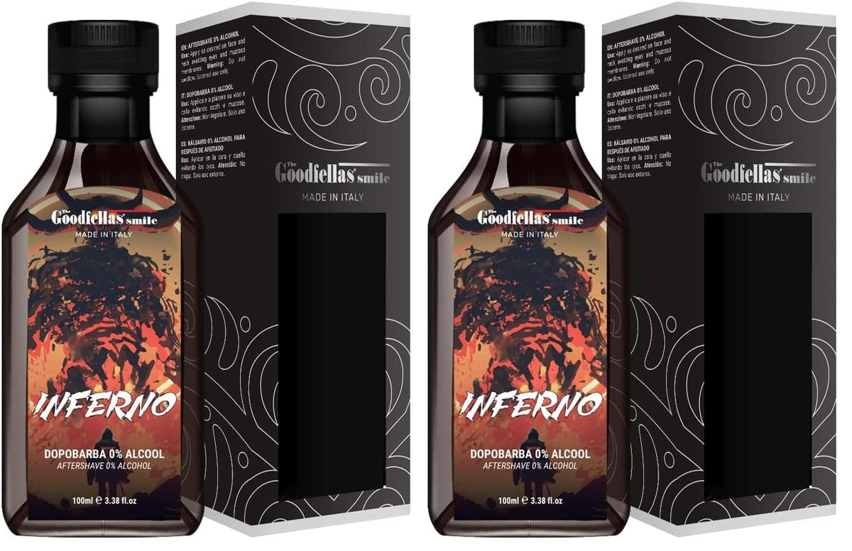 The Goodfellas' Smile Inferno bottle shows soothing, alcohol-free aftershave for daily freshness.