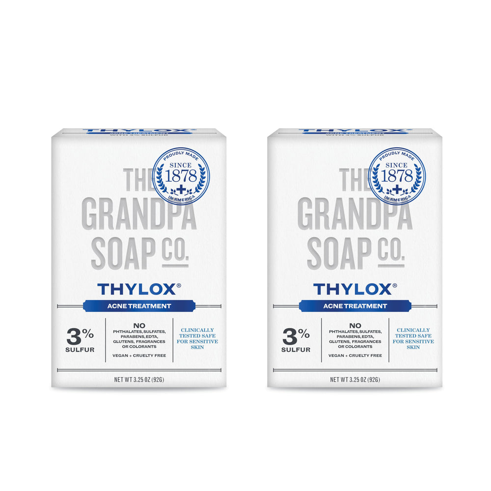 The Grandpa Soap Company Thylox bar packaging highlights vegan, cruelty-free acne care.
