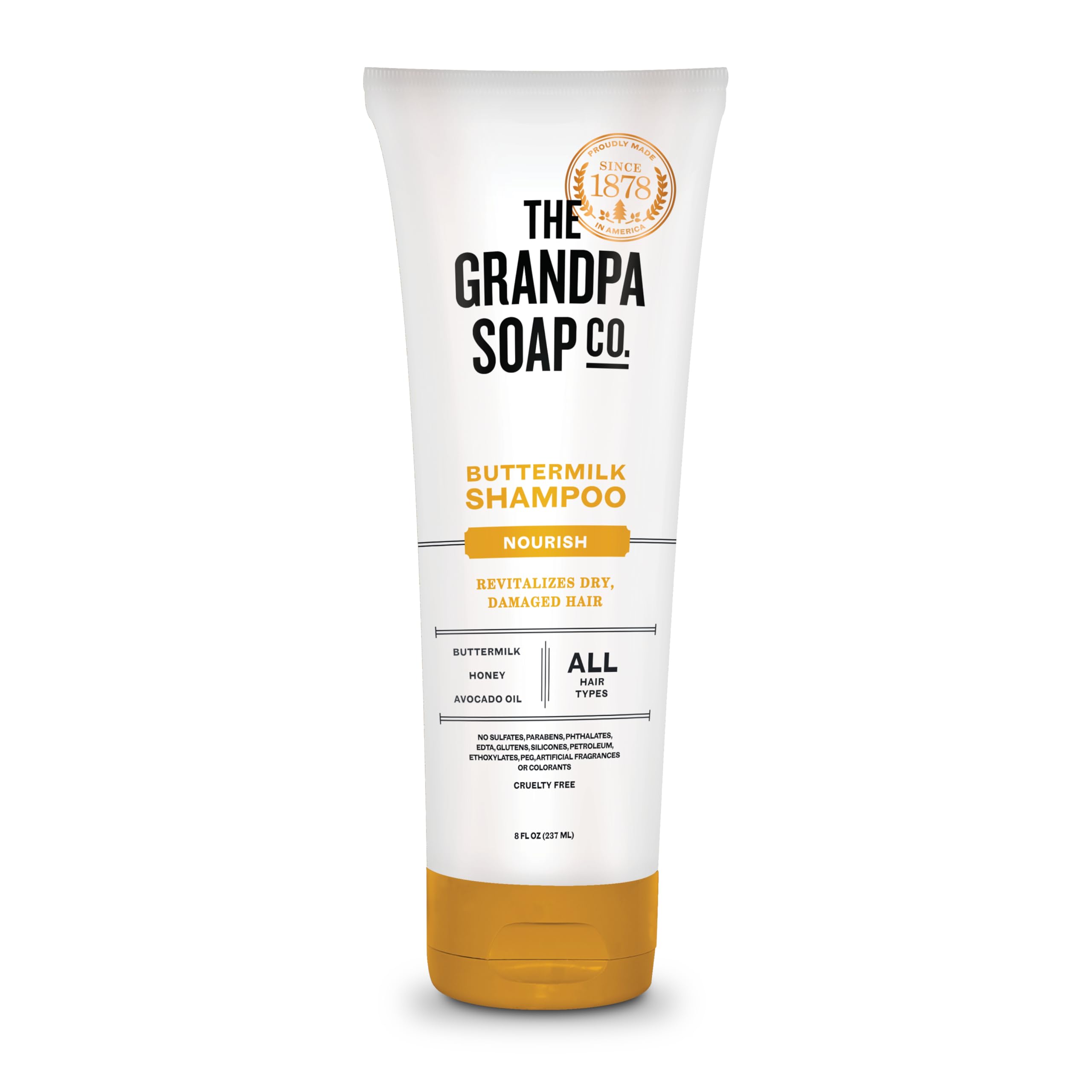 The Grandpa Soap Company Buttermilk Shampoo bottle shows a nourishing formula for soft, manageable hair.