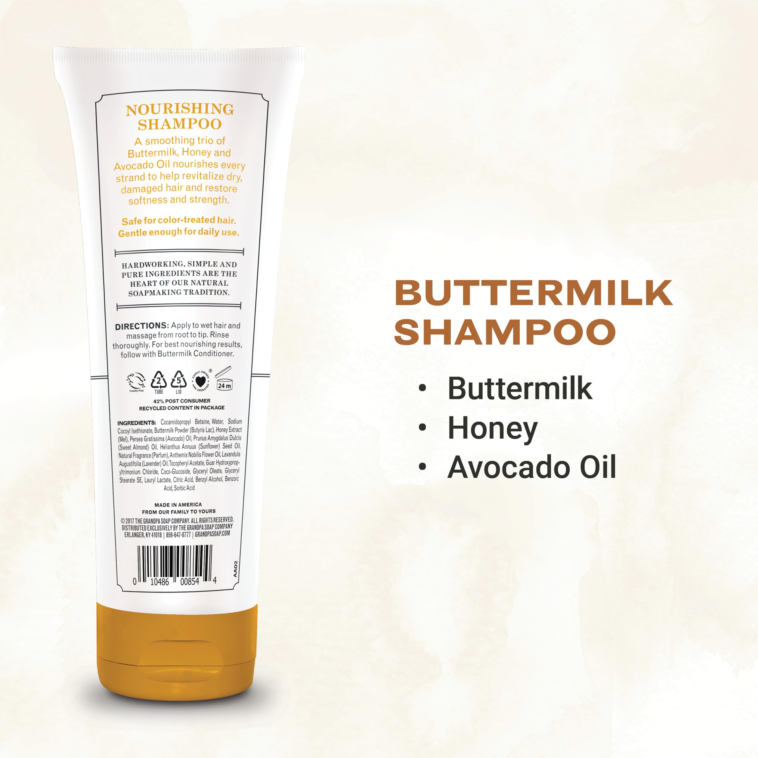 Buttermilk Shampoo lather close-up signaling a gentle daily cleanse.