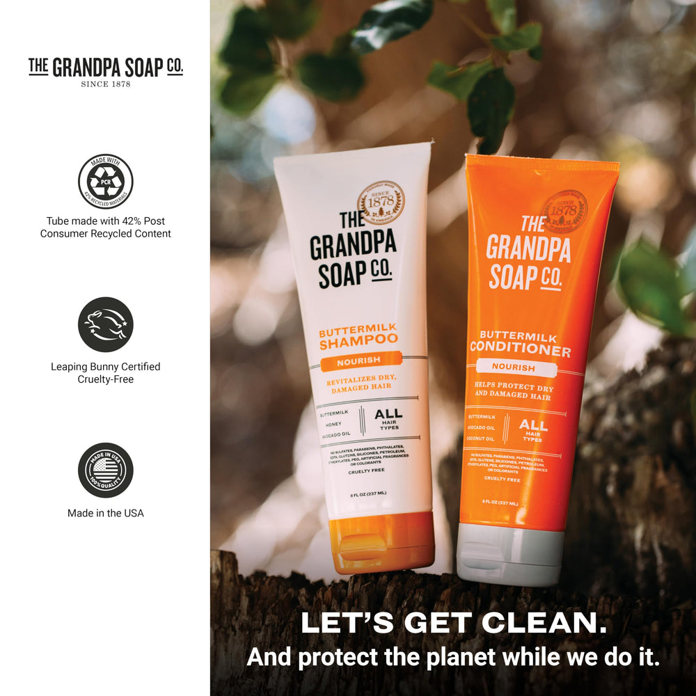 Recyclable packaging of The Grandpa Soap Company Buttermilk Shampoo.