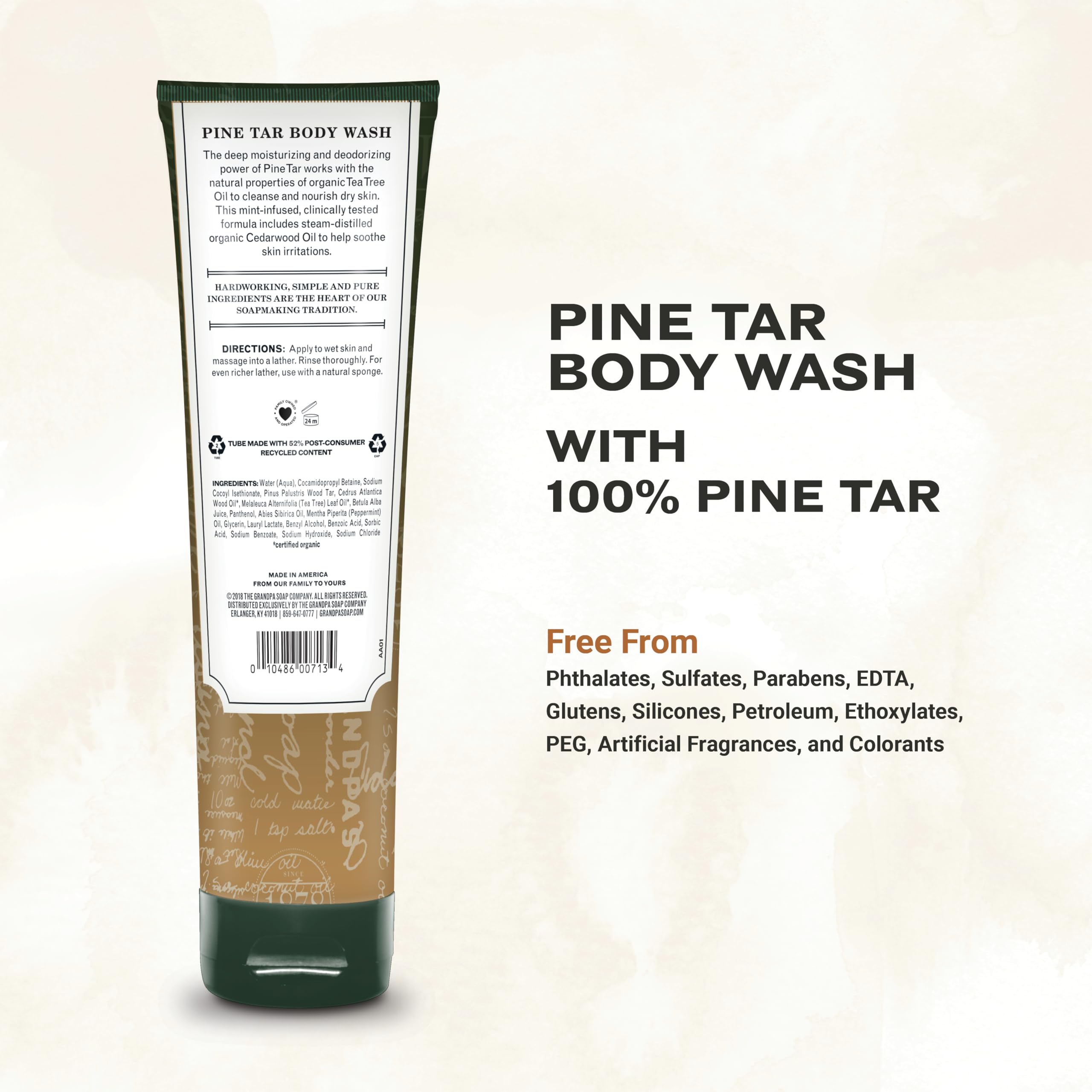 The Grandpa Soap Company Pine Tar Body Wash lathers richly for cleansing dry skin with minty notes.