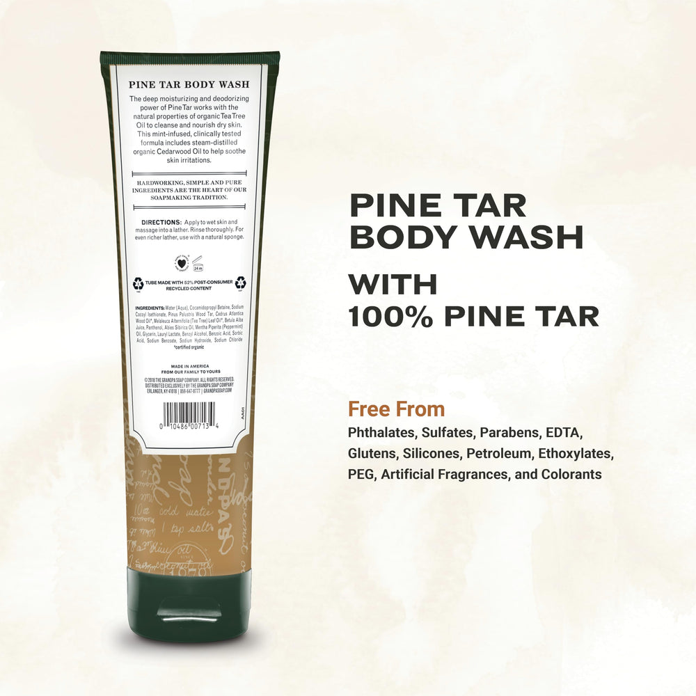 The Grandpa Soap Company Pine Tar Body Wash lathers richly for cleansing dry skin with minty notes.