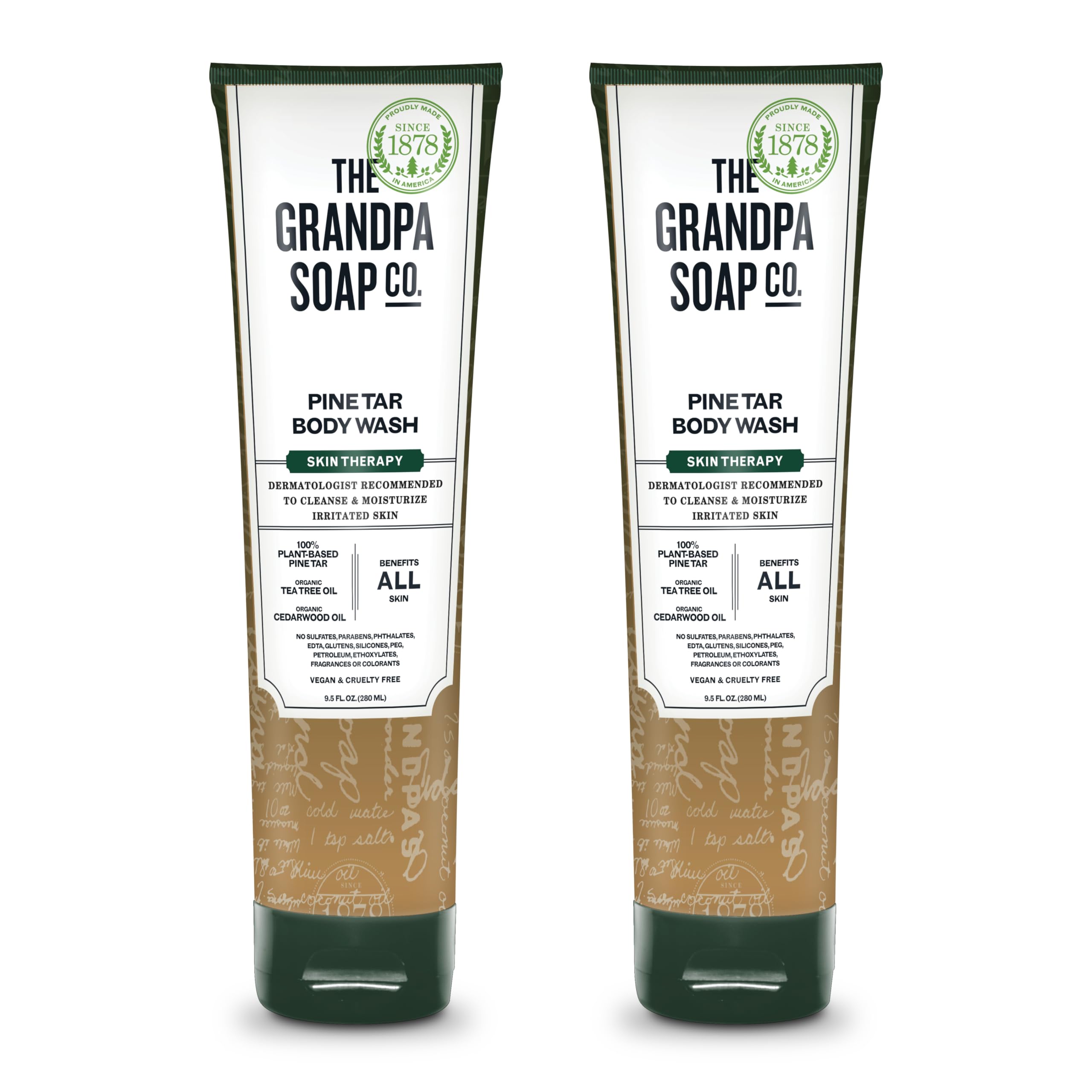 The Grandpa Soap Company Pine Tar Body Wash pours to reveal a cleansing lather for deodorizing freshness.