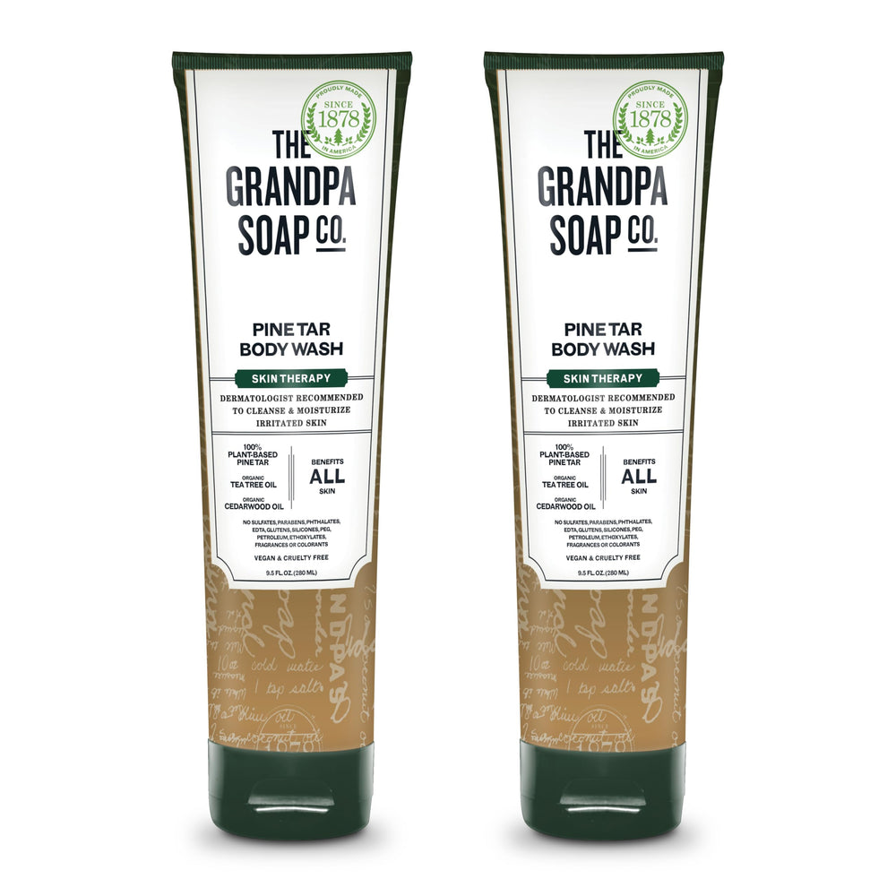 The Grandpa Soap Company Pine Tar Body Wash pours to reveal a cleansing lather for deodorizing freshness.
