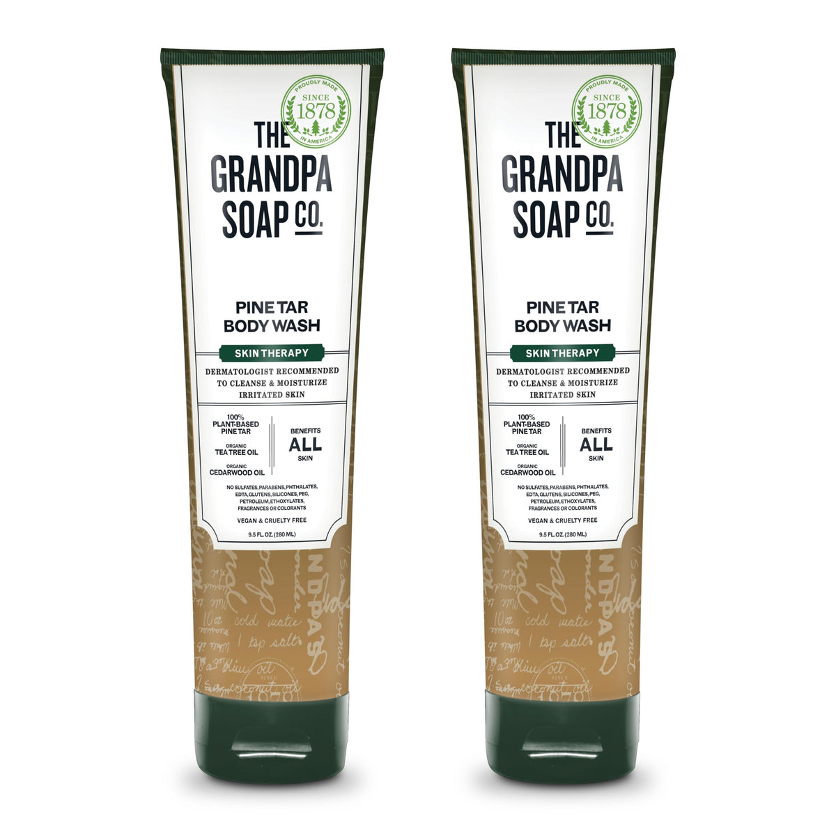 The Grandpa Soap Company Pine Tar Body Wash pours to reveal a cleansing lather for deodorizing freshness.