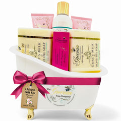 The Grecian Soap Company deluxe bathtub gift set in clawfoot tub—luxury gift idea