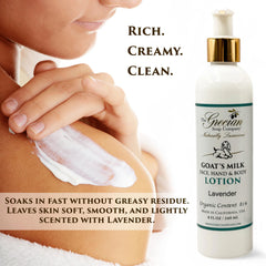 Closeup of The Grecian Soap Company goat milk body wash label, emphasizing clean, balanced formula.
