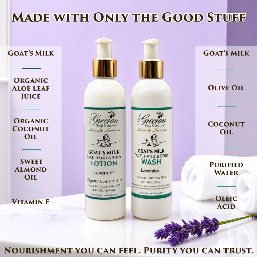 The Grecian Soap Company goat milk body wash pump bottle delivers gentle cleansing and soothing hydration.