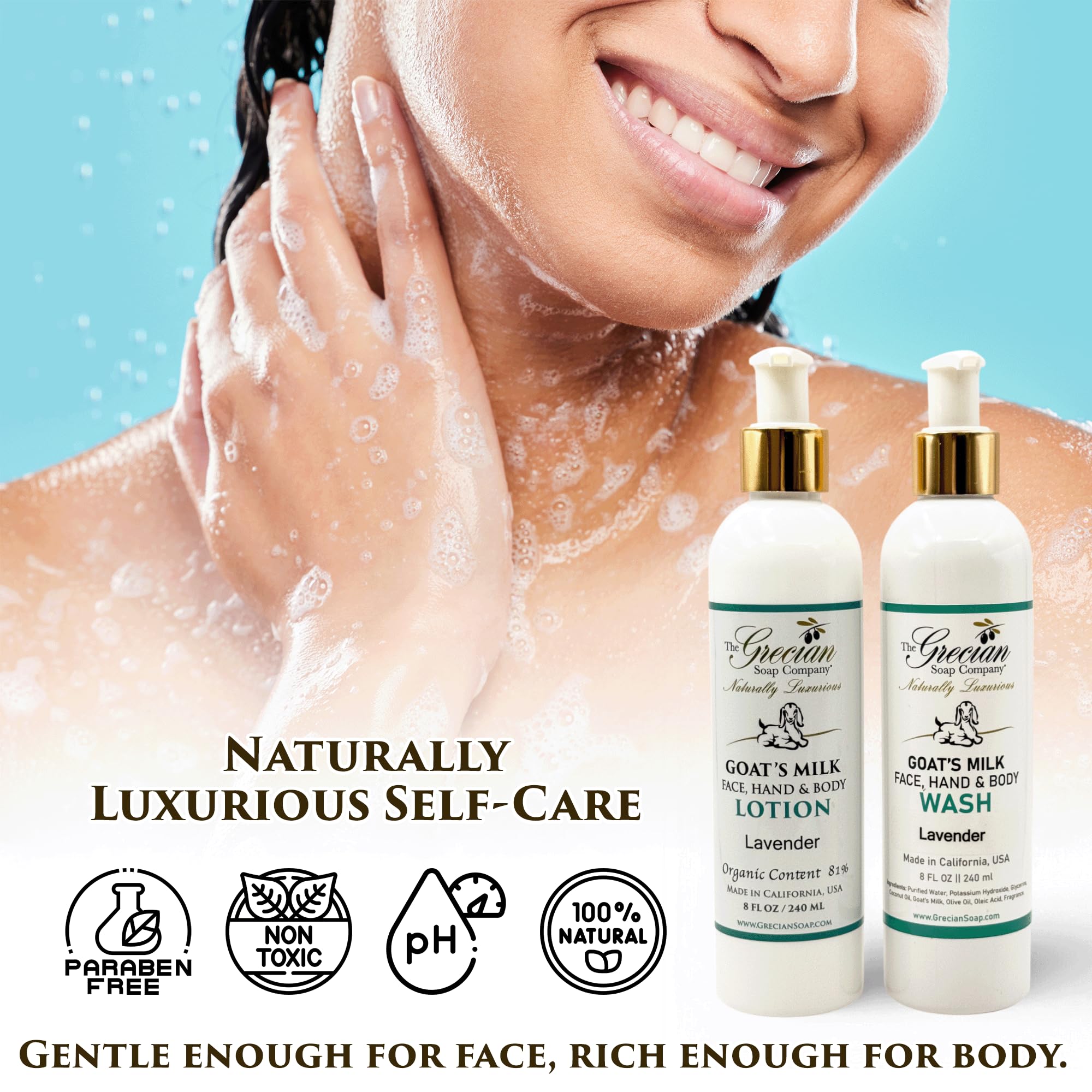 Closeup of The Grecian Soap Company goat milk lotion texture, showing smooth, fast-absorbing moisture.