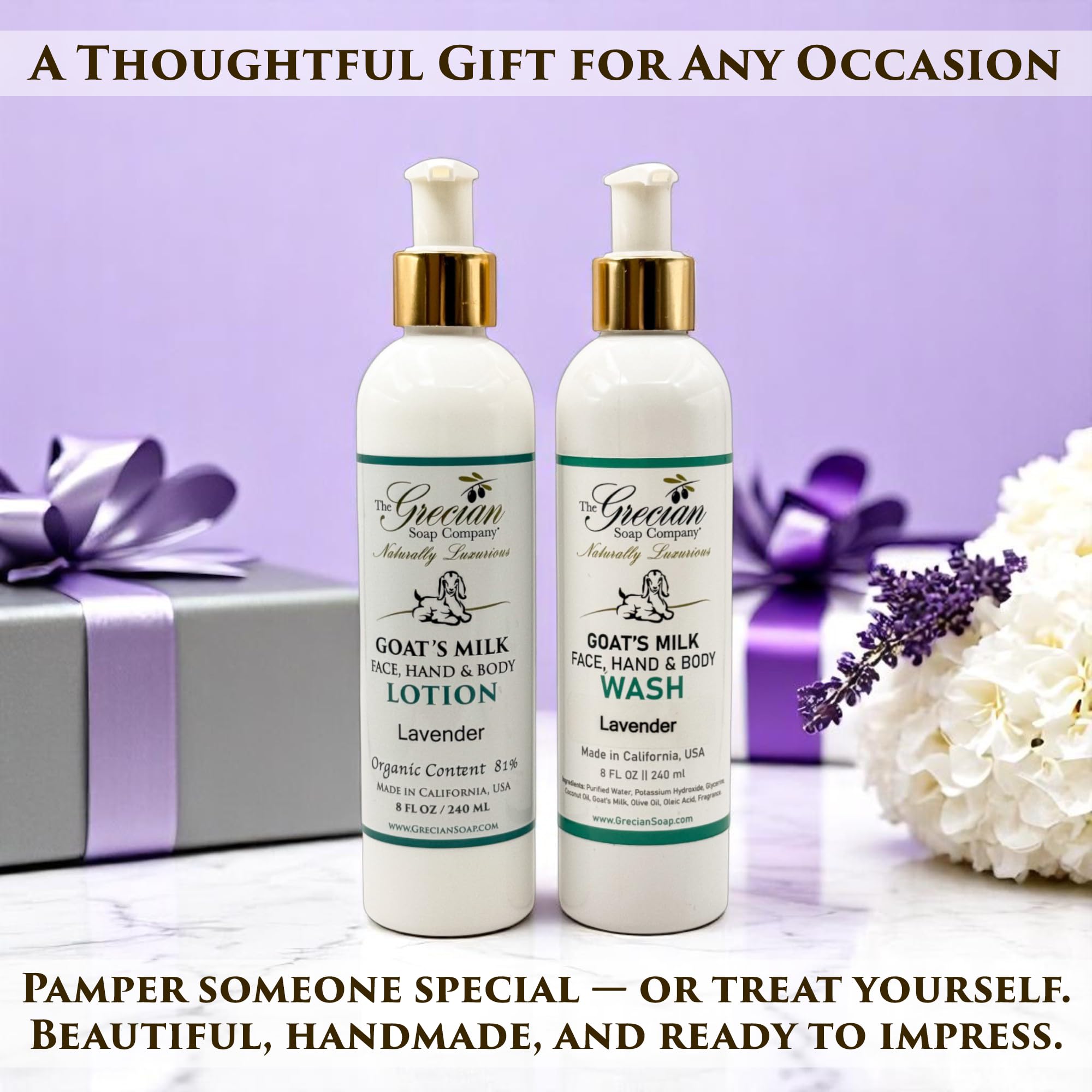 Lavender-scented bottle from The Grecian Soap Company signaling a calming routine.