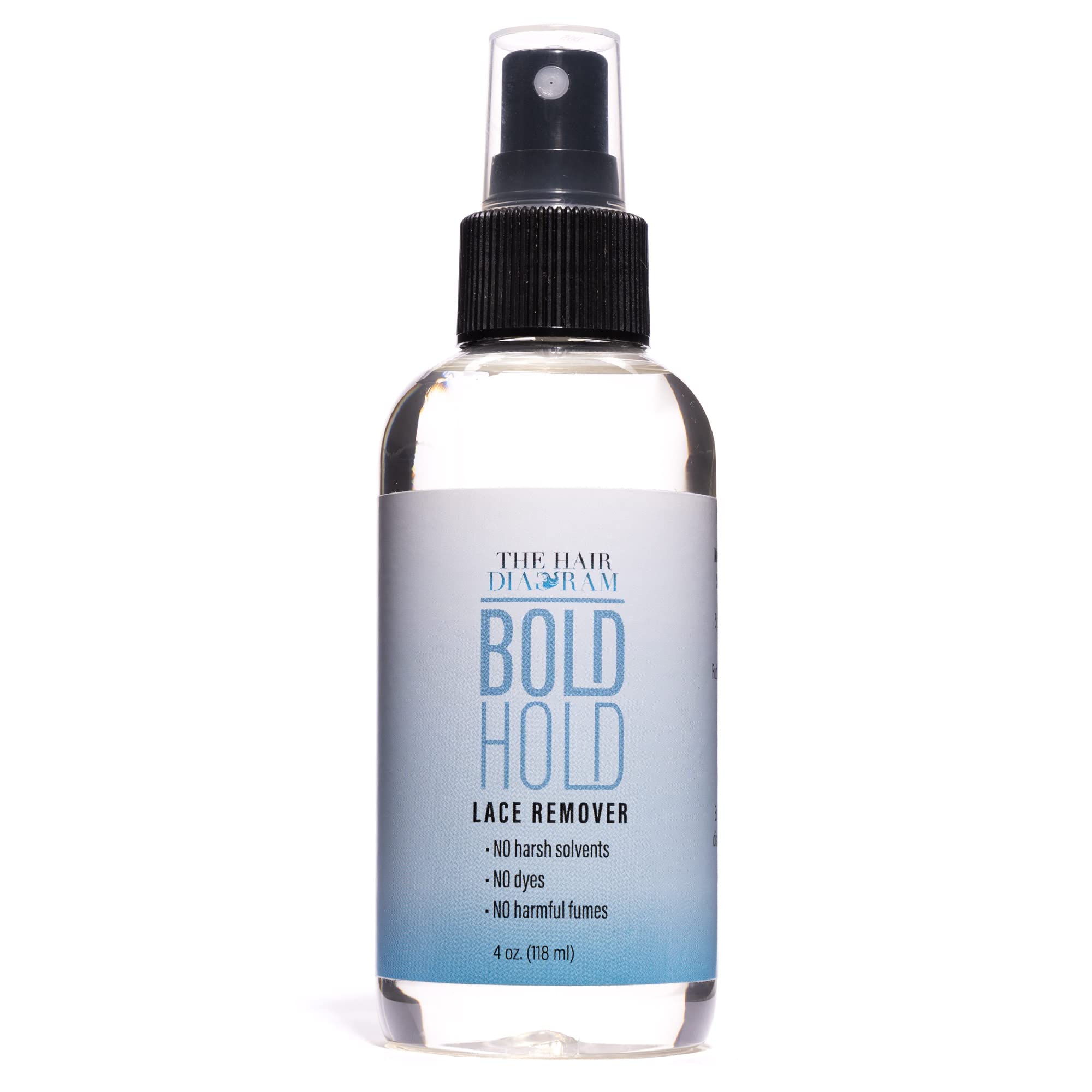The Hair Diagram Bold Hold Lace Remover bottle pour showcases a skin-safe option for gentle adhesive removal.