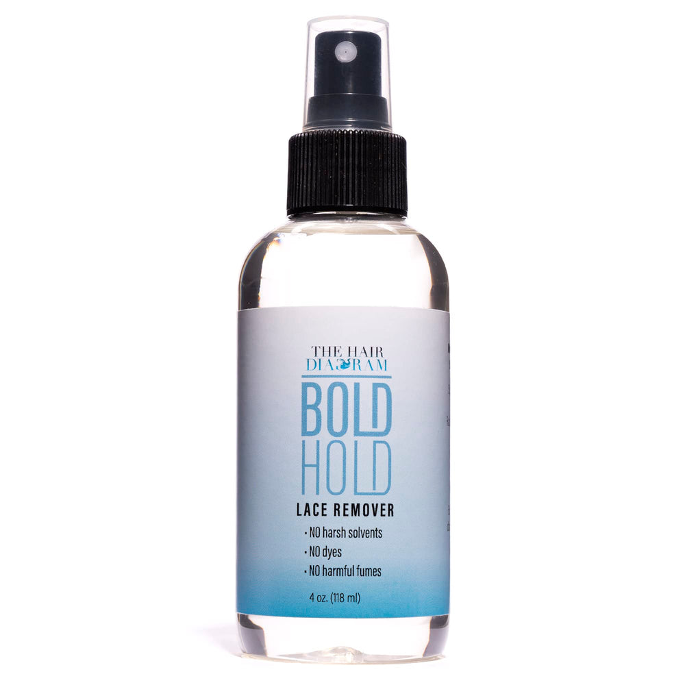 The Hair Diagram Bold Hold Lace Remover bottle pour showcases a skin-safe option for gentle adhesive removal.