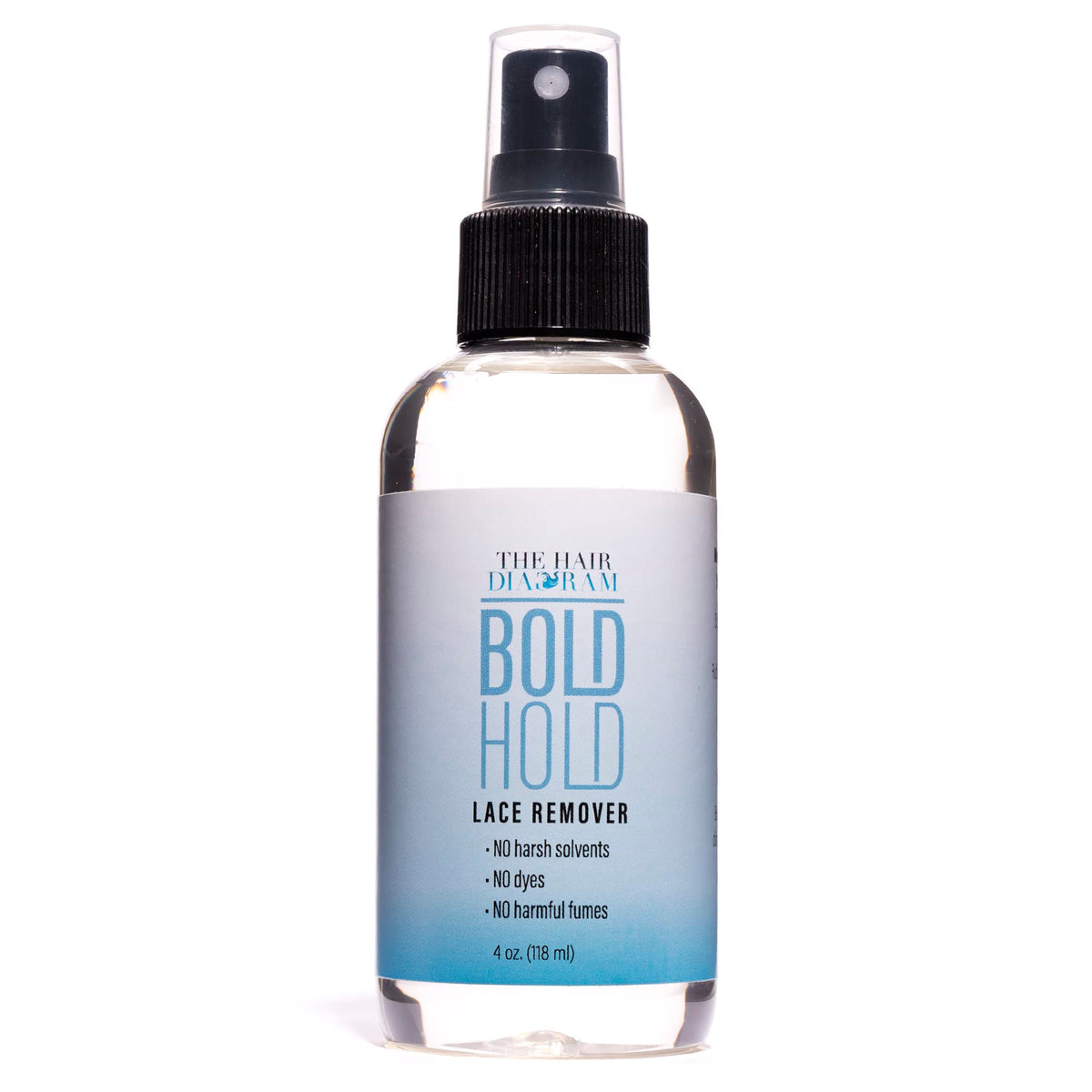 The Hair Diagram Bold Hold Lace Remover bottle pour showcases a skin-safe option for gentle adhesive removal.