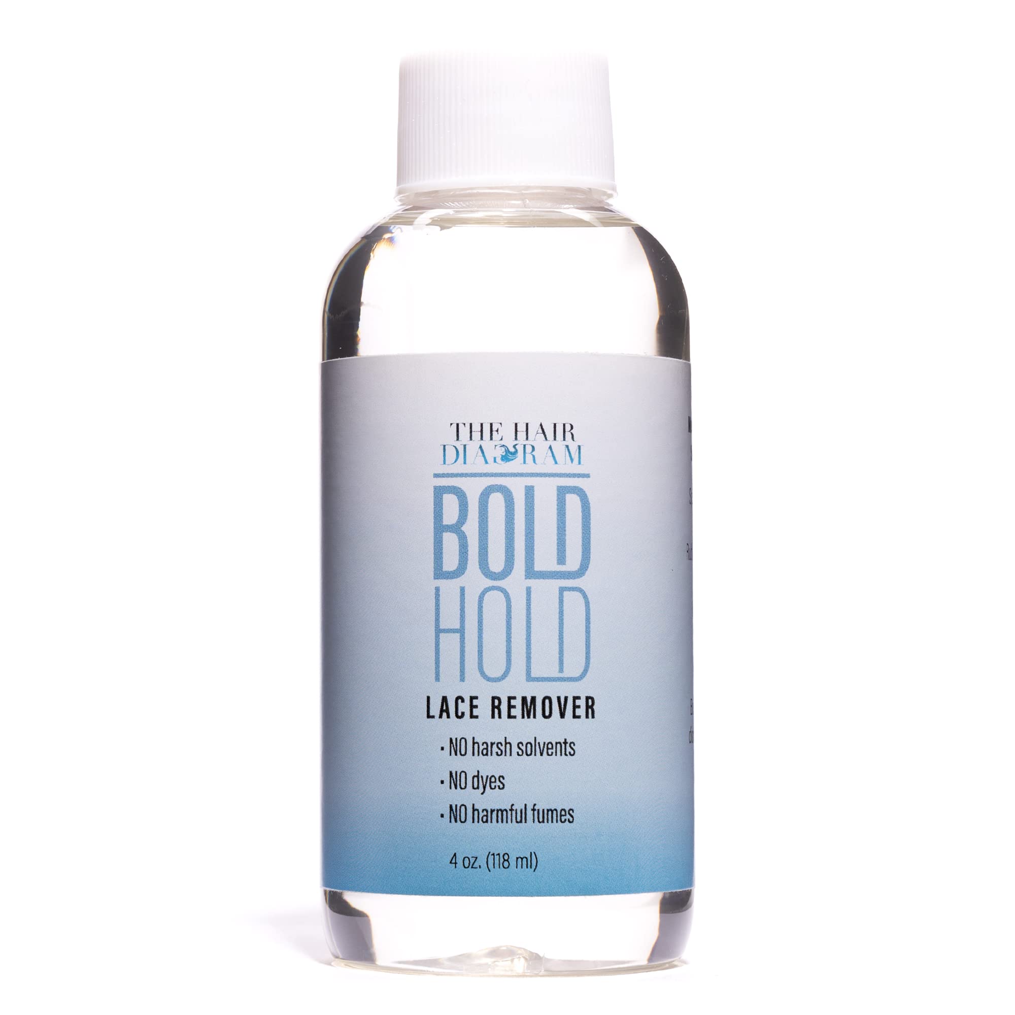 The Hair Diagram Bold Hold Lace Remover label close-up highlights no harsh solvents for safer skin contact.