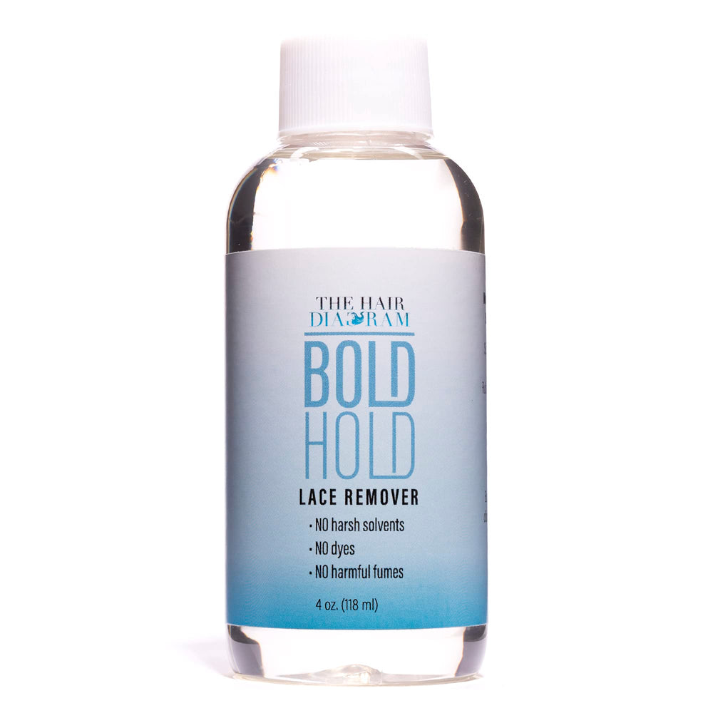 The Hair Diagram Bold Hold Lace Remover label close-up highlights no harsh solvents for safer skin contact.