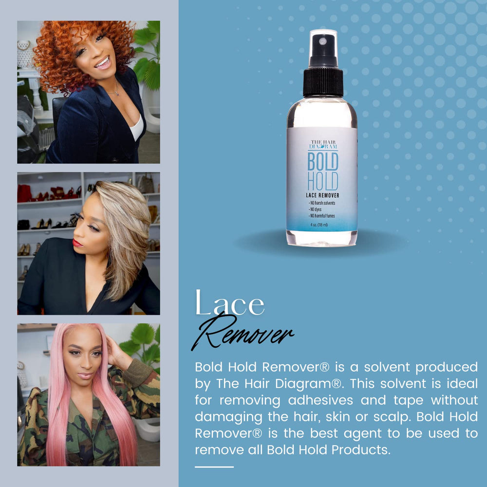 The Hair Diagram Bold Hold Lace Remover bottle in FDA-registered lab display emphasizes safety.