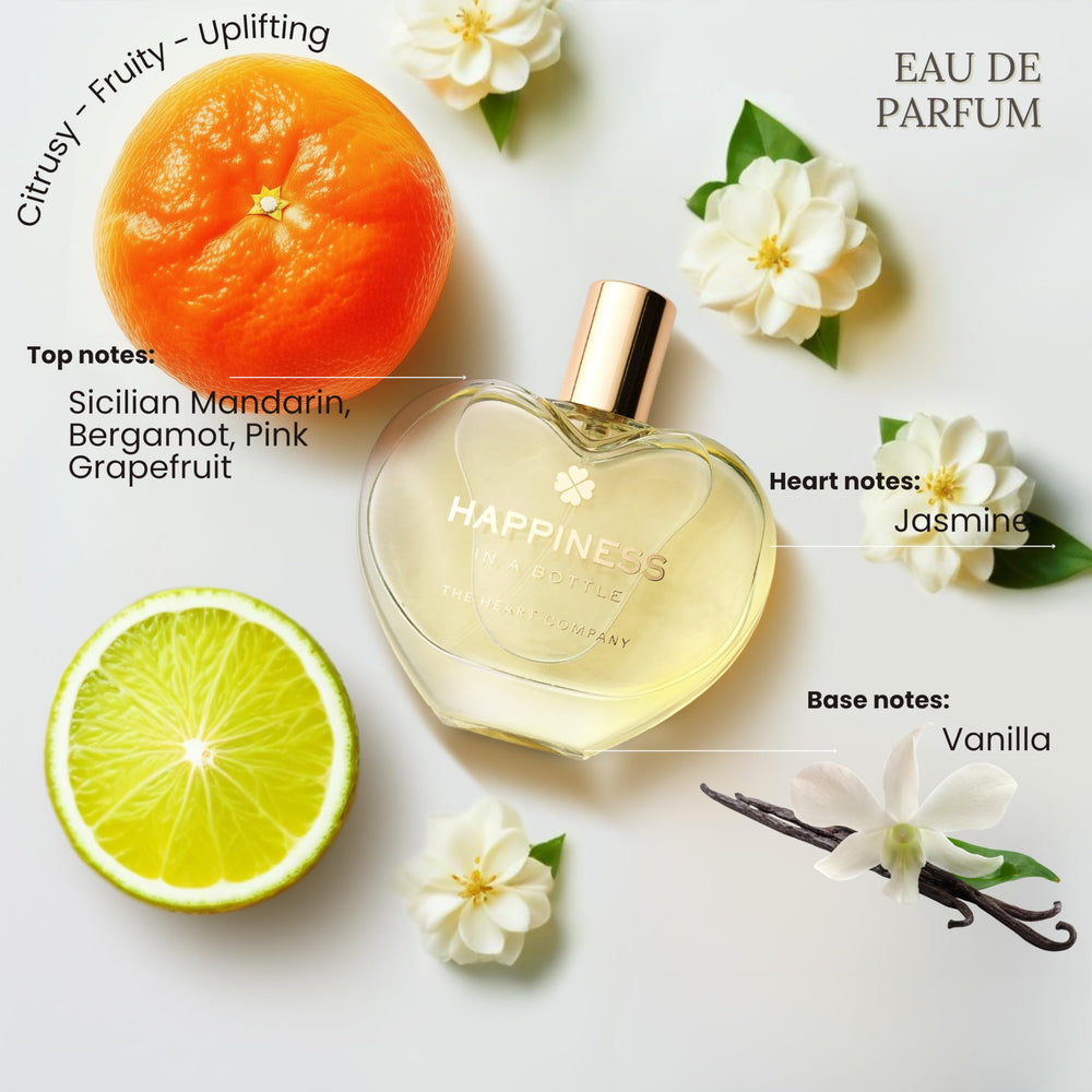 THE HEART COMPANY Happiness base notes add amber and vanilla warmth.