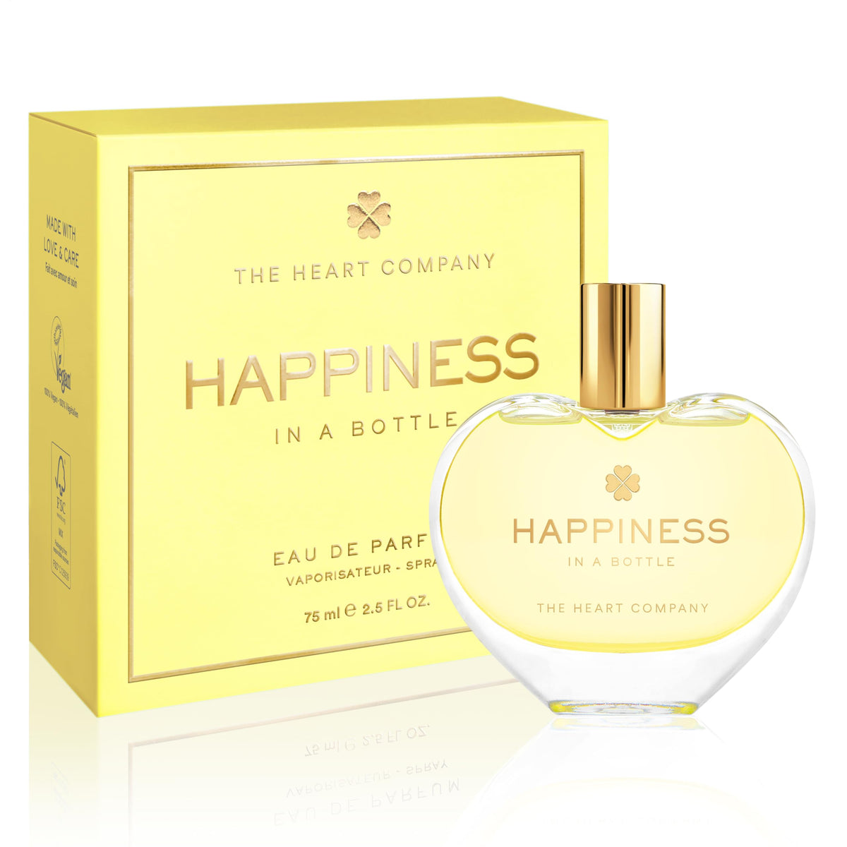 THE HEART COMPANY Happiness bottle front view promotes mood-boosting citrus.