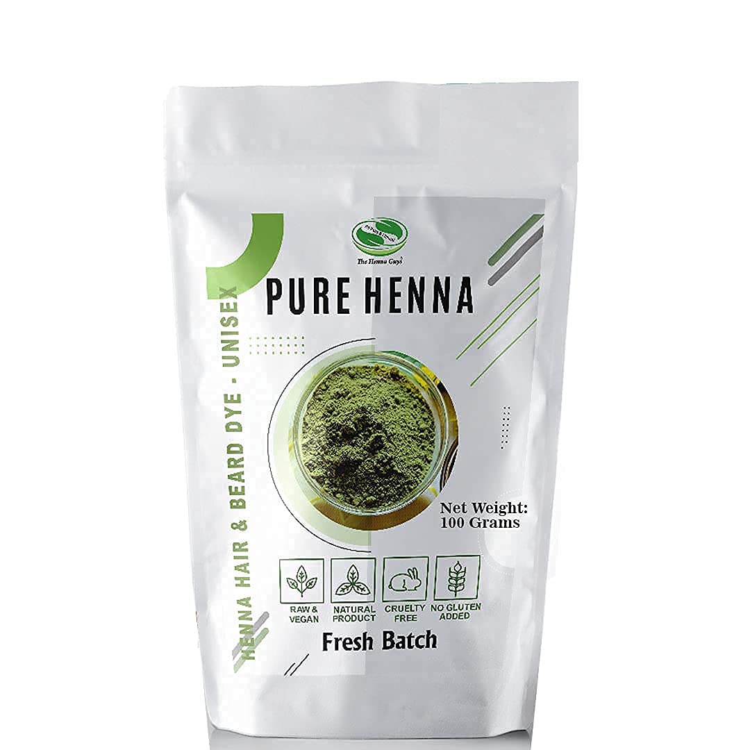 The Henna Guys 100g packaging showcases pure red henna for natural hair color.