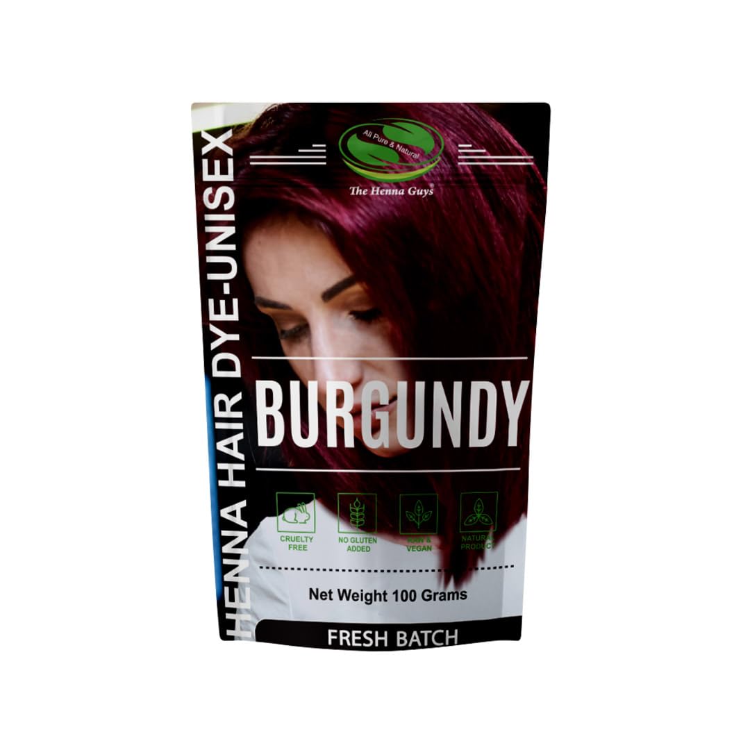 The Henna Guys burgundy hair dye pack for natural color and plant-based formula.