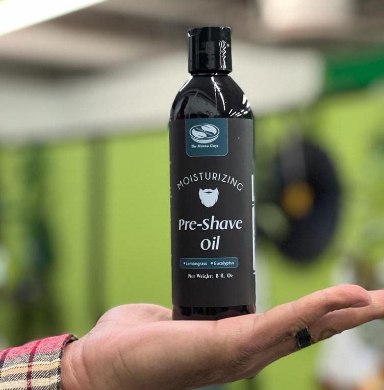The Henna Guys lemongrass-eucalyptus pre-shave oil pump for easy application