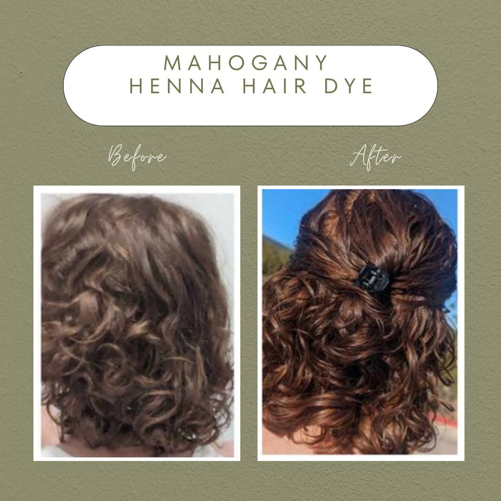 The Henna Guys mahogany dye powder texture emphasizes a fine, plant-based formula.