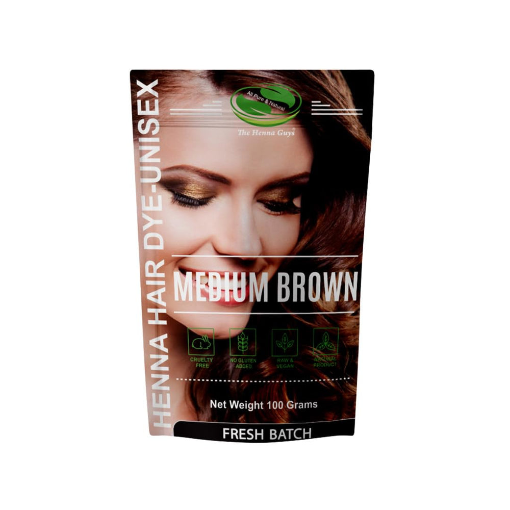 The Henna Guys medium brown dye packaging showing 100g pack for natural color