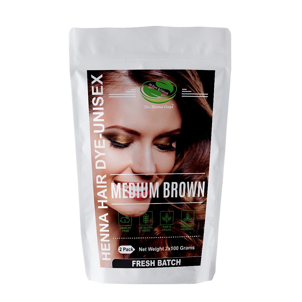 The Henna Guys medium brown henna bottle for natural color results.