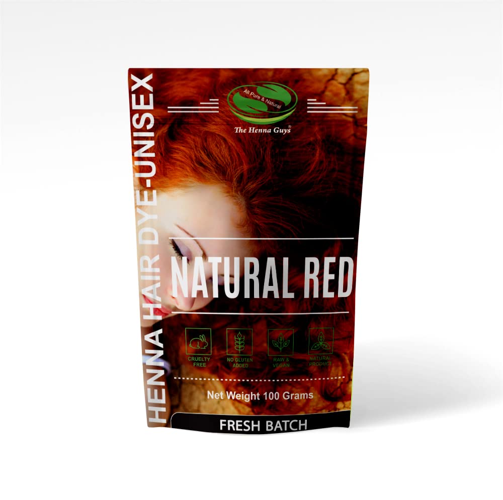 The Henna Guys natural red henna dye in a 100g pack for plant-based color.
