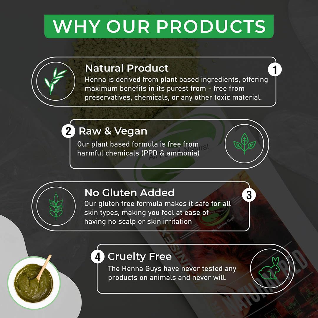 The Henna Guys packaging showing 100 g net weight and clear instructions.