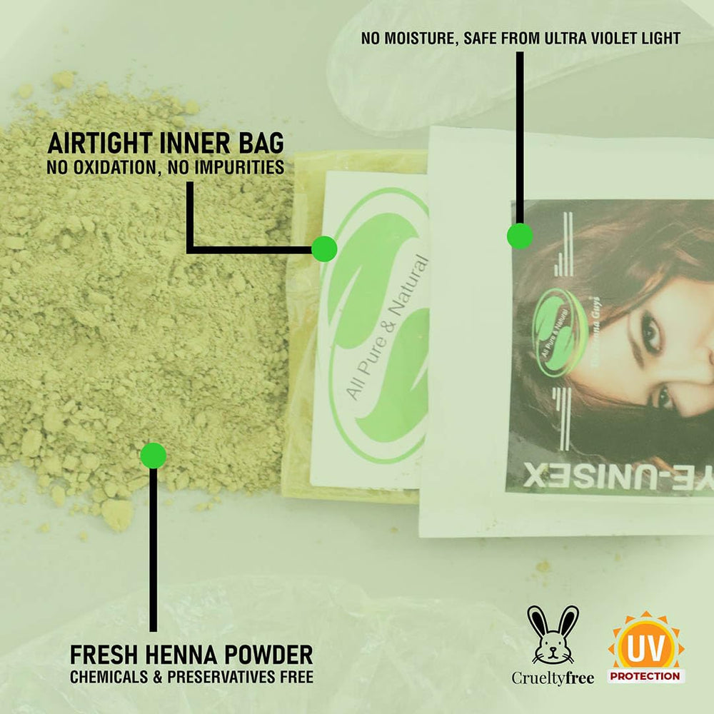 The Henna Guys plant-based henna powder ingredients highlight natural color.