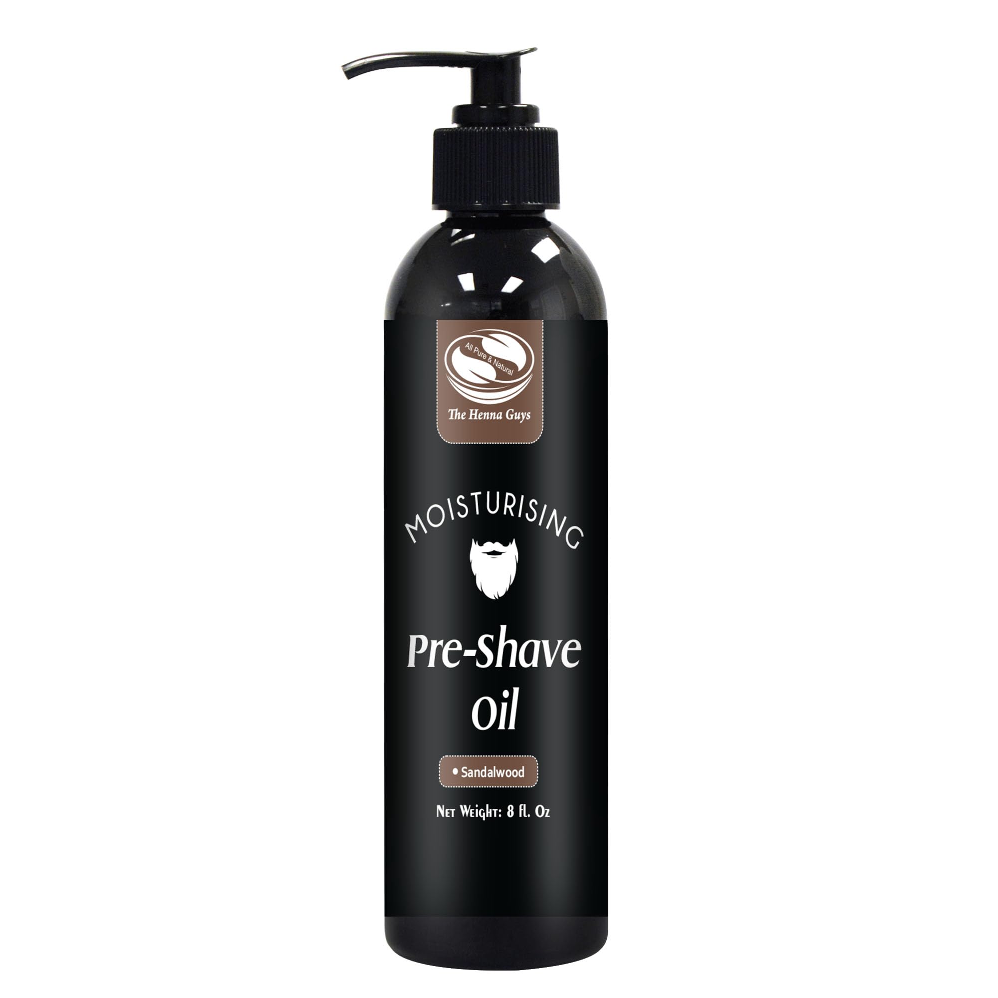 The Henna Guys pre shave oil sandalwood bottle pour improves glide and shaving comfort.