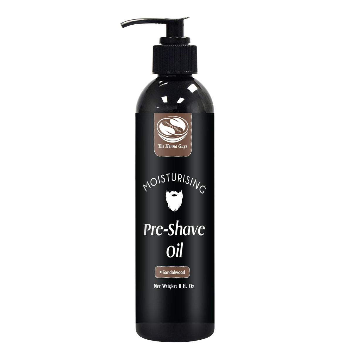 The Henna Guys pre shave oil sandalwood bottle pour improves glide and shaving comfort.